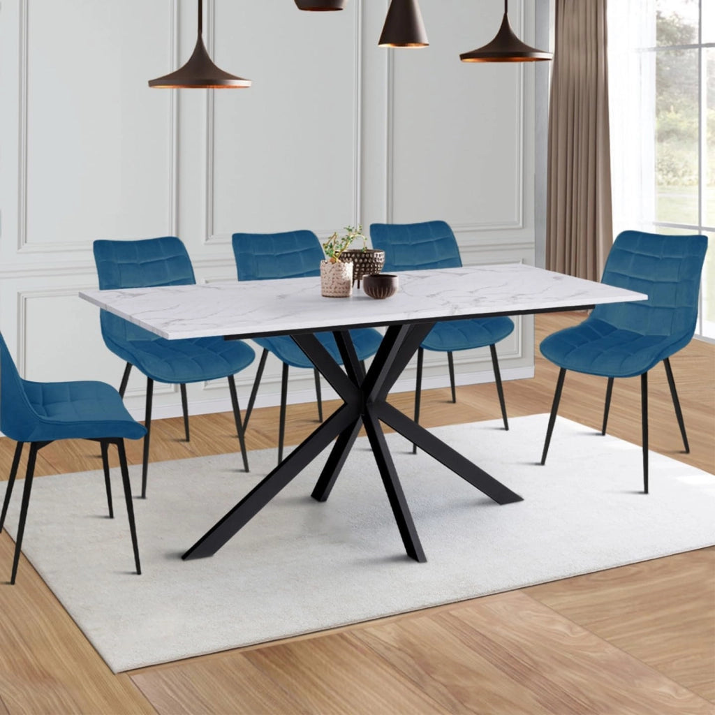 Tavolo da pranzo rettangolare per 8 persone ALASKA con effetto marmo bianco e gamba a ragno in metallo 160 cm