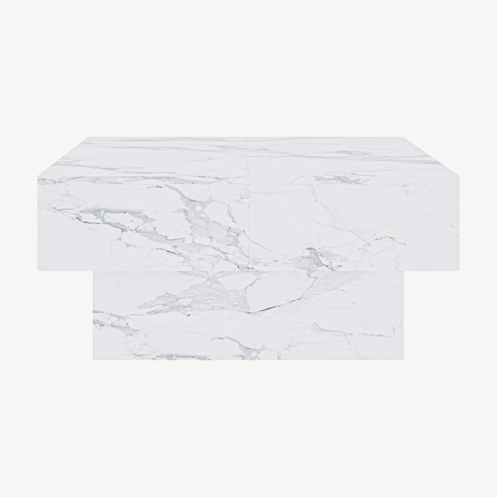 Tavolino Centrale Lens da Salotto con Piano Scorrevole 80 x 60 x 36 cm - Effetto Marmo Bianco [en.casa]