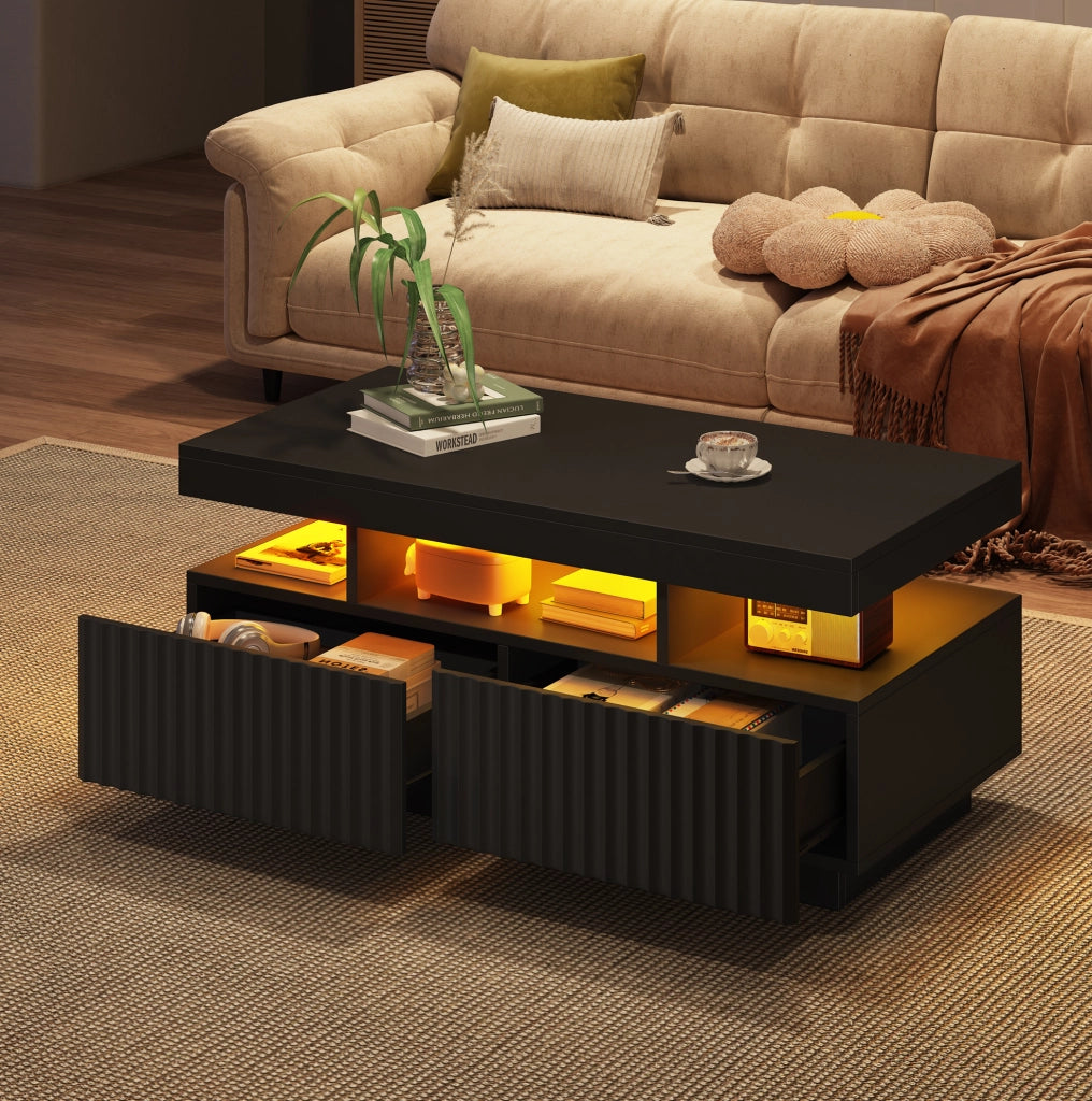 Tavolino da salotto 100 x 50 x 45 cm con 2 cassetti e LED; nero