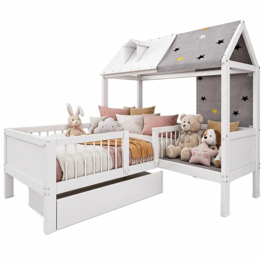 Letto per bambini a casetta 90x200 cm con cassetti in legno massello e MDF bianco
