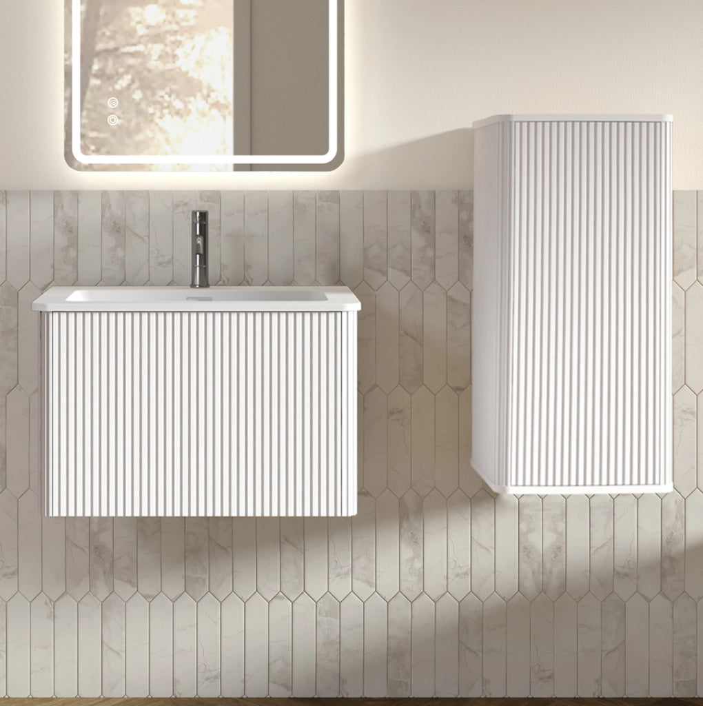 Mobile bagno sospeso 60 cm bianco in MDF con lavabo e mobile laterale