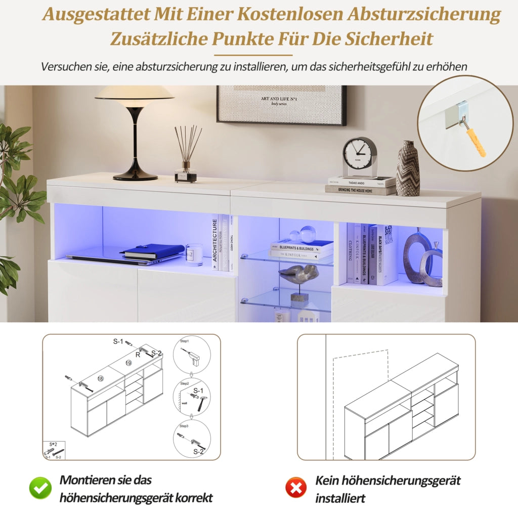 Credenza soggiorno bianca con LED e ante lucide