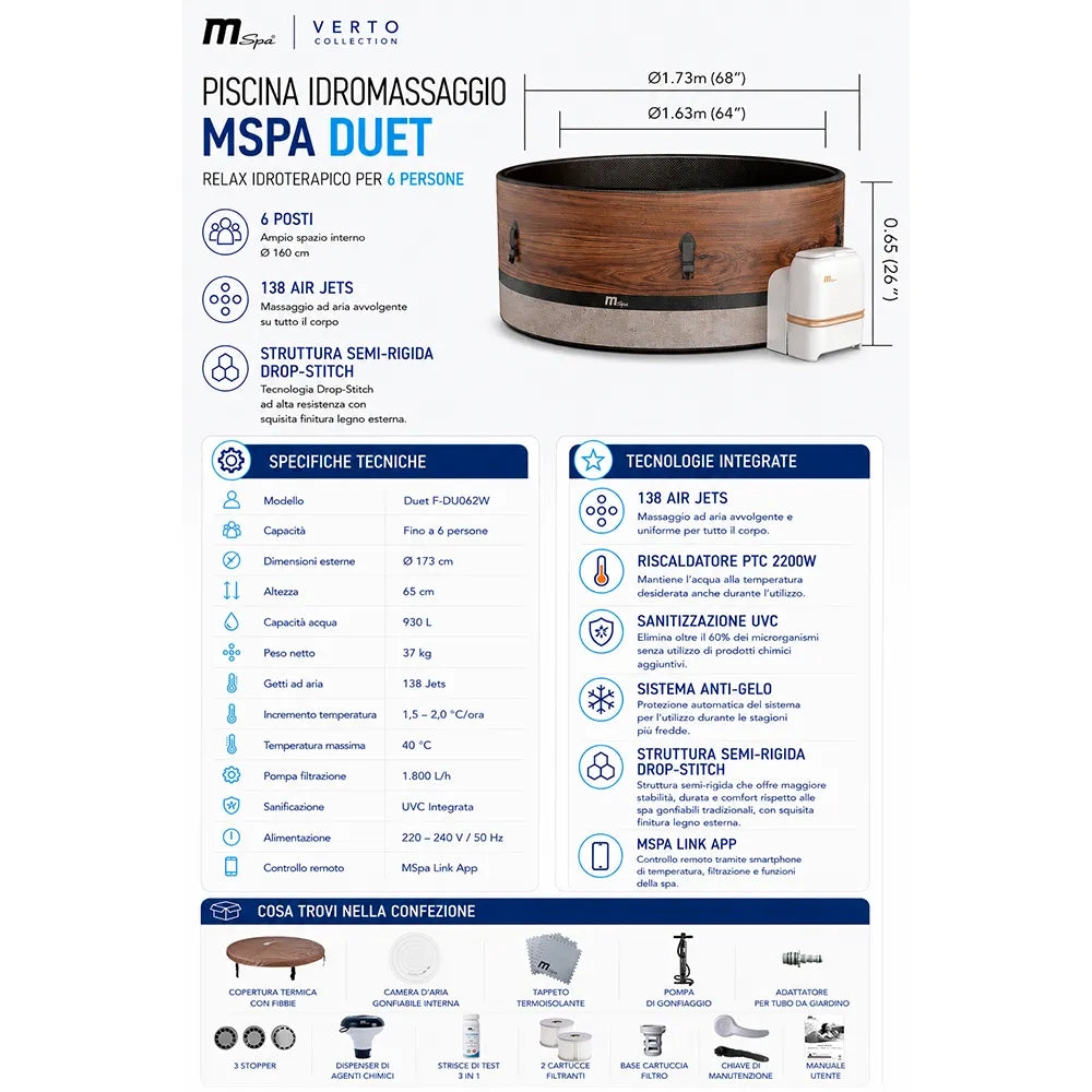 MSpa Spa semi rigida fuori terra MSpa DUET SMART Wi-Fi F-DU062W - Tempo Style 1.73m x 0.65mH
