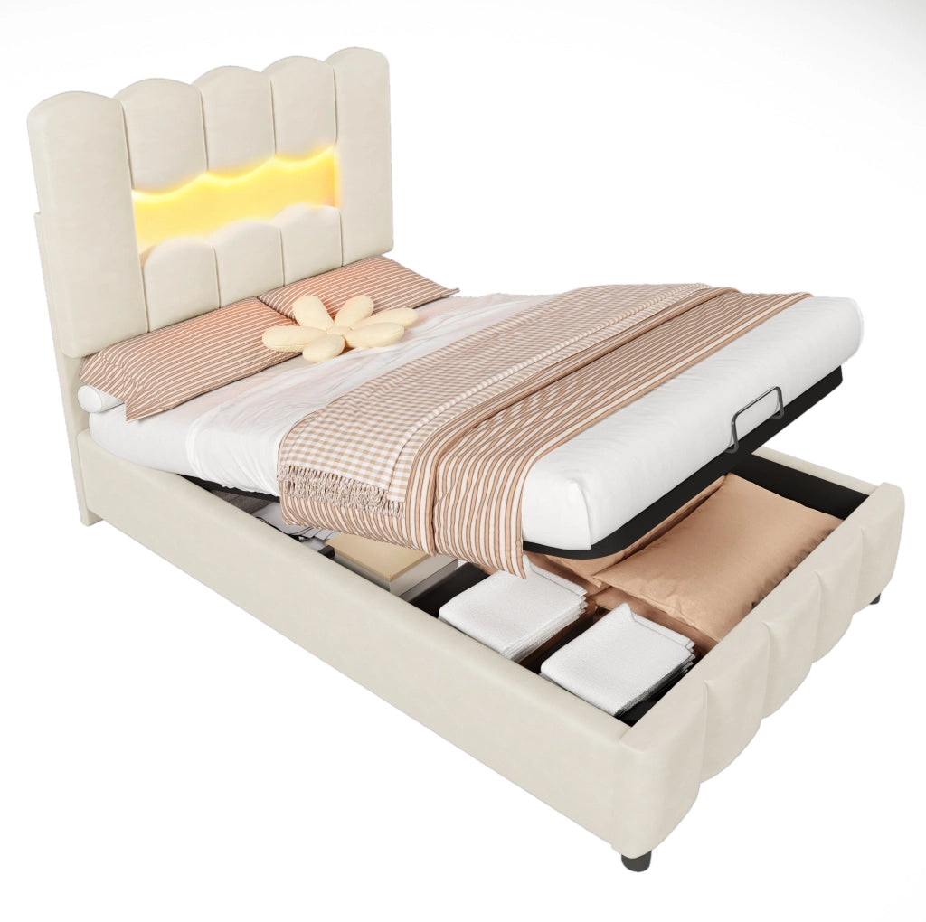 Letto imbottito 90x200 cm con contenitore idraulico; LED e testiera regolabile in velluto beige