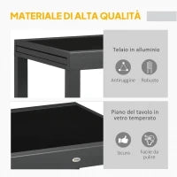 Tavolo da Pranzo Allungabile da Giardino con Piano in Vetro e Alluminio, 80-160x80x75 cm, Nero