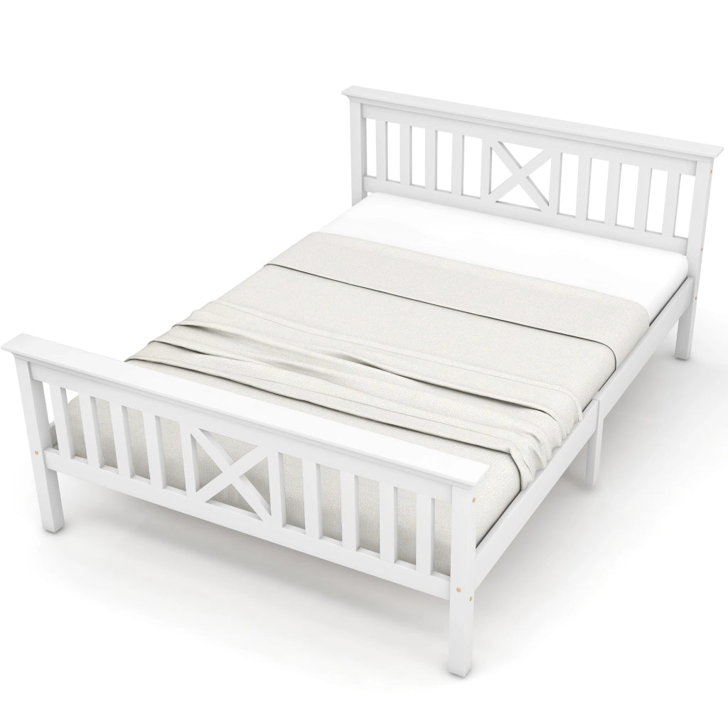 Letto matrimoniale in legno massello 140x200 cm con testiera a X, rete a doghe e spazio contenitore, bianco