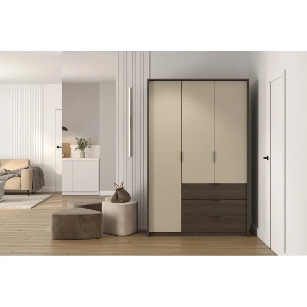 Armadio VALDORA 3 porte con LED e 3 cassetti in rovere scuro e beige 139 cm
