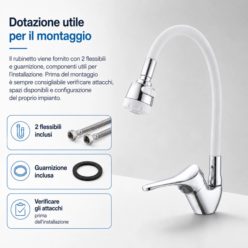 Rubinetto Cucina Doccetta 2 Getti Tubo Girevole Flessibile Silicone  Bianco