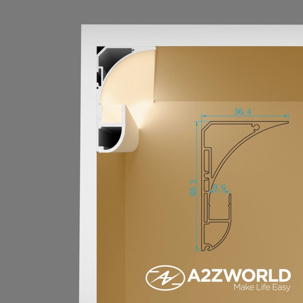 Kit Profilo Alluminio Completo Da 2 Metri Per Striscia Led, Angolare Per Battiscopa e Soffitto (2 Pezzi), Dimensione 36.4X60.2mm, Larghezza Interna 9.6mm, 676g/m, Copertura Opale, Tappi Chiusura e Clip Fissaggio Incluso, BAV23180