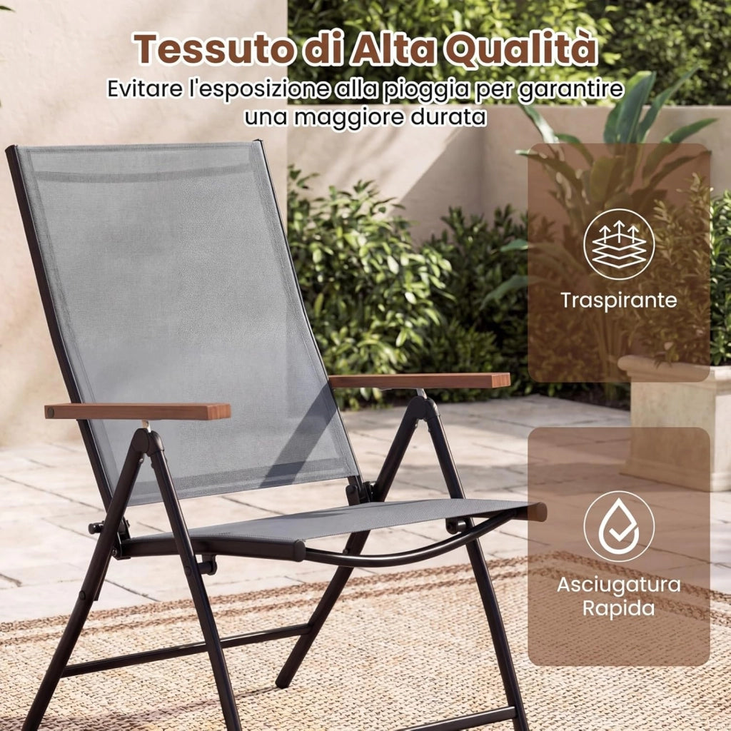 Set di 2/4 Sedie da Giardino Pieghevole, Struttura in Metallo, Poltrona in Tessuto Traspirante, Schienale Regolabile, per Balcone, Giardino, Terrazzo, Portata 150 kg (2,Grigio)