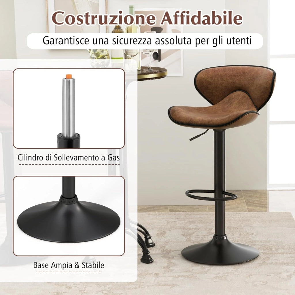 Set di 2 Sgabelli da Bar con Altezza Regolabile, Sgabello da Cucina Imbottito e Girevole a 360° con Schienale, Poggiapiedi e Base Metallica, Sgabelli in Pelle Stampato da Casa (Marrone)