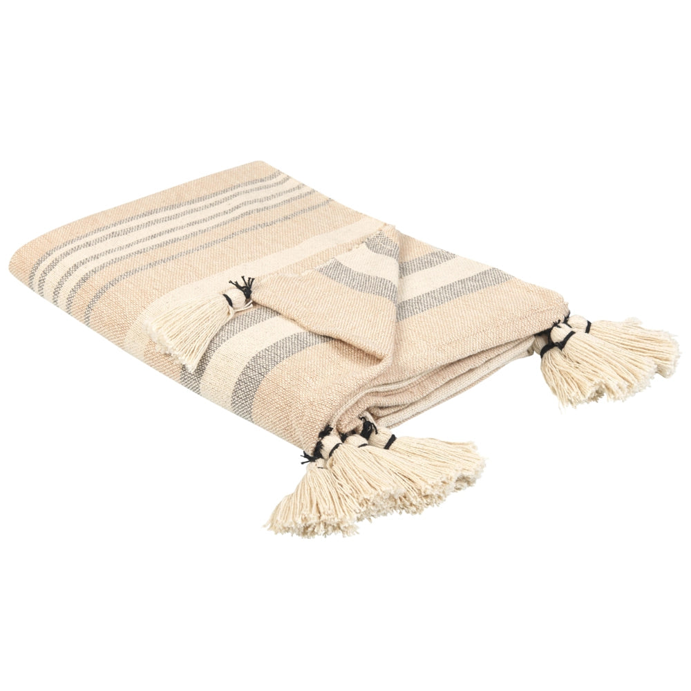 Coperta Beige Cotone 130 x 170 cm Accessorio a righe con frange decorative Fatto a mano