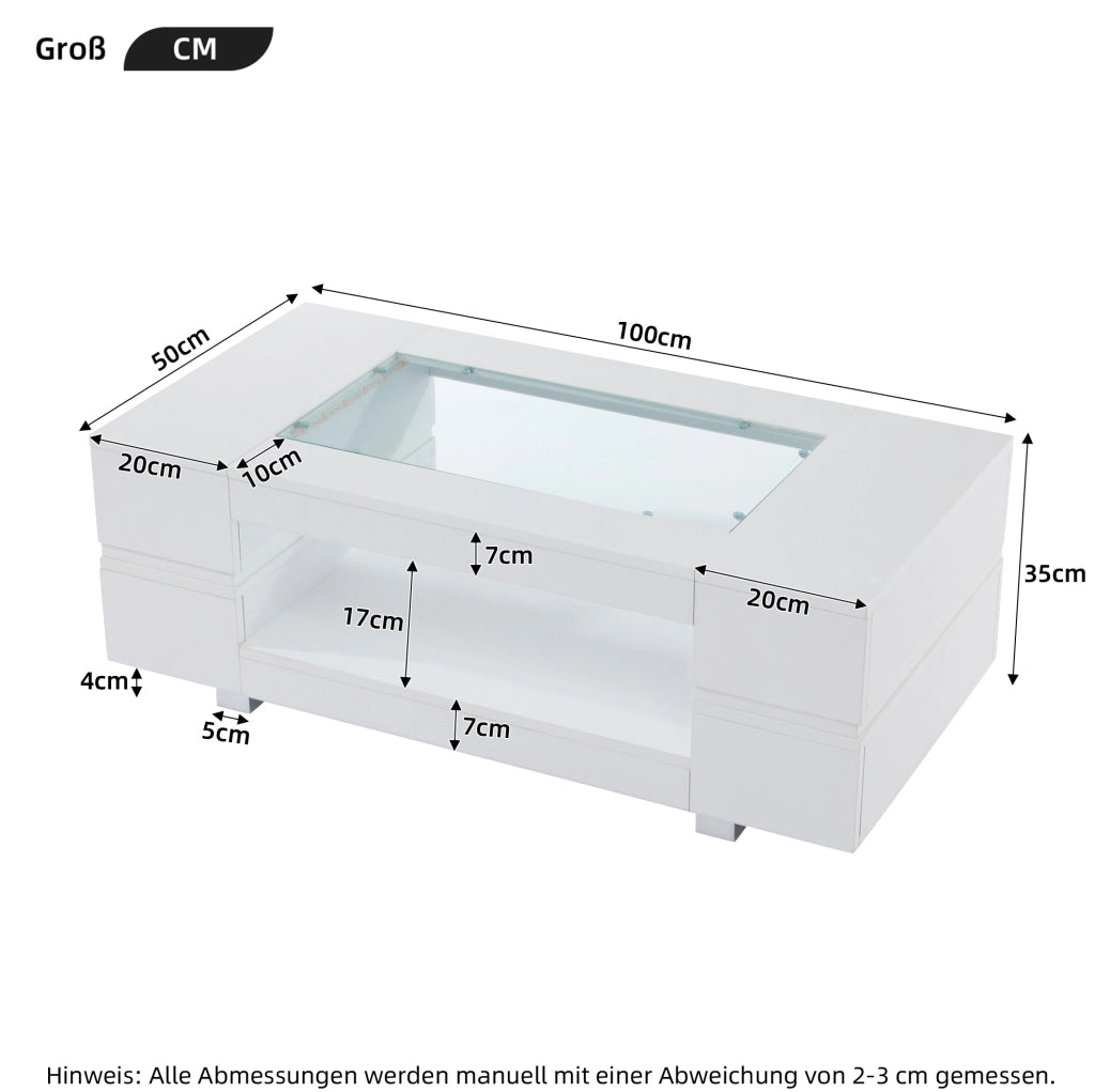 Tavolino da salotto 100x50x35 cm; LED con controllo da app; truciolato bianco