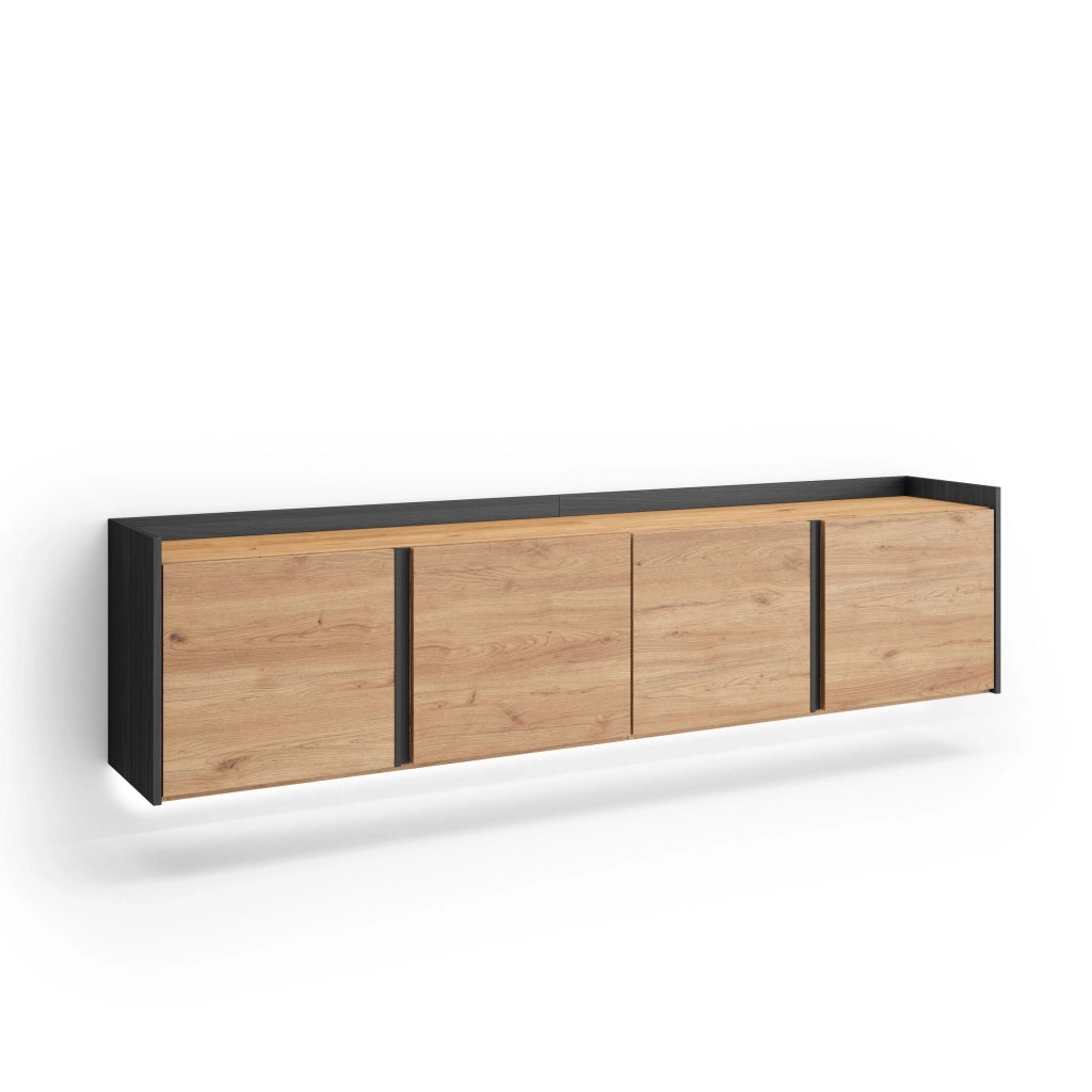 Mobile TV Soggiorno, 207x50x35 cm, Per TV fino a 80", Sospeso, da appendere, LED, Rovere e nero