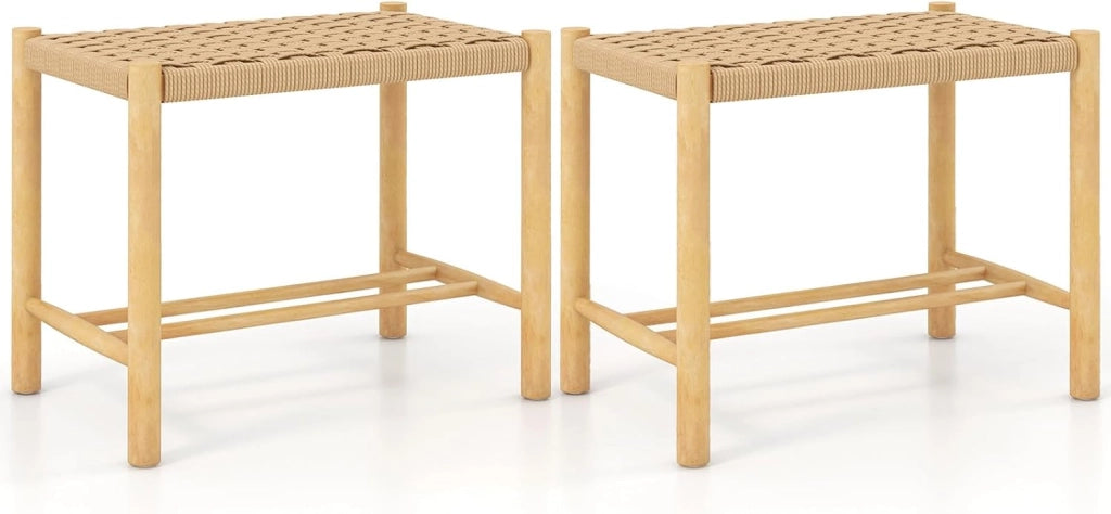Set di 2 Sgabelli Intrecciata in Carta, Sgaballi Bassi da Soggiorno,Sgaballi Poggipiedi in Legno, Fino a 150 kg, 56 x 36 x 45 cm