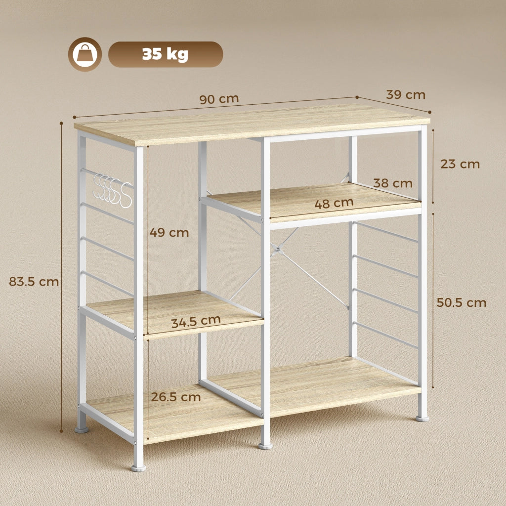 Scaffale Cucina con Ripiani in Legno e Metallo con 5 Ganci. Salvaspazio. 90x39x83.5 cm. Rovere