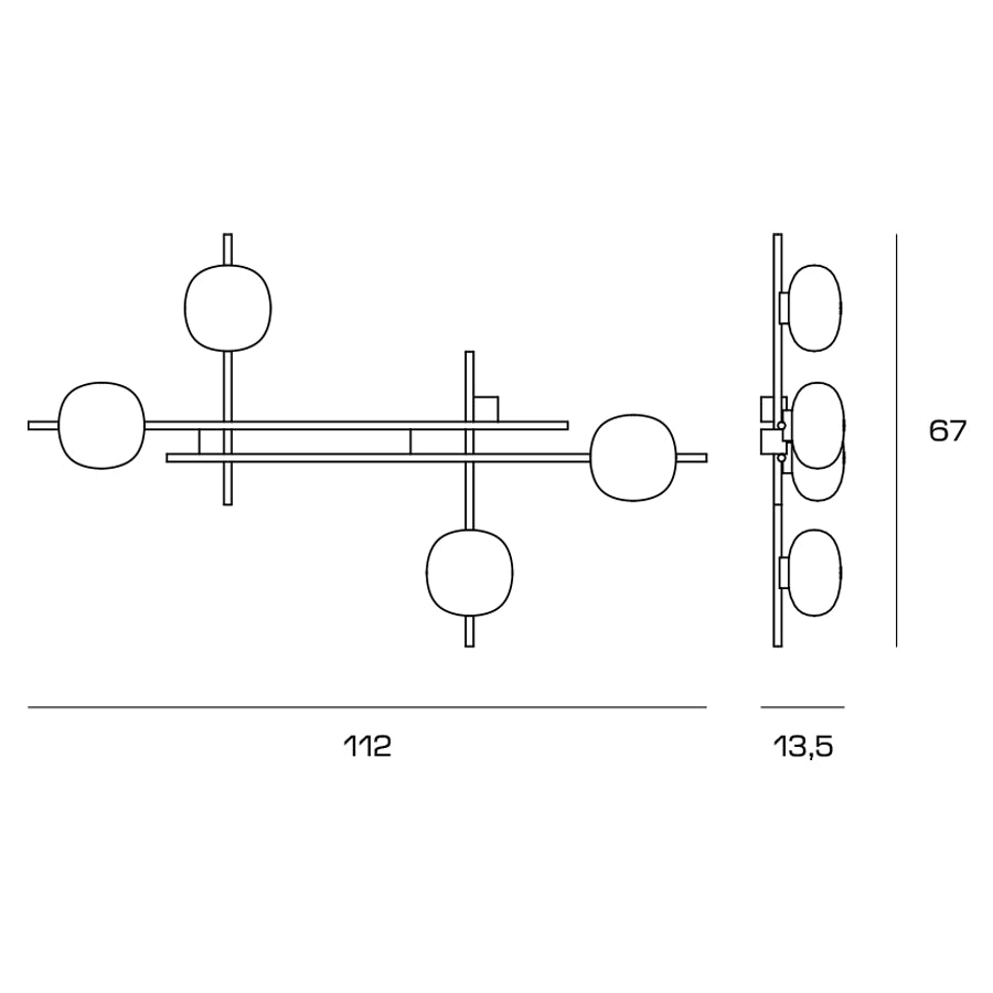 LINGOTTO APPLIQUE A PARETE 4 LUCI ARROTONDATA OPALINO STRUTTURA NERO PARTICOLARI ORO ATTACCO G9