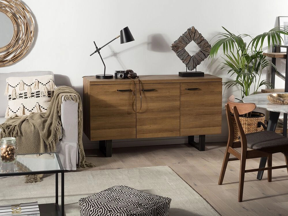 Madia credenza a 3 ante in legno scuro con base in metallo a slitta grigia in alluminio con ripiani Mobile contenitore per la casa industriale