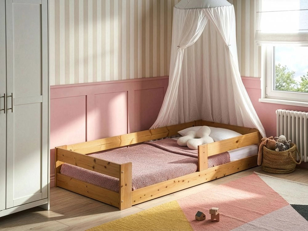 Letto a piattaforma per bambini in legno di pino con rete a doghe marrone 90 x 200 cm con telaio a doghe