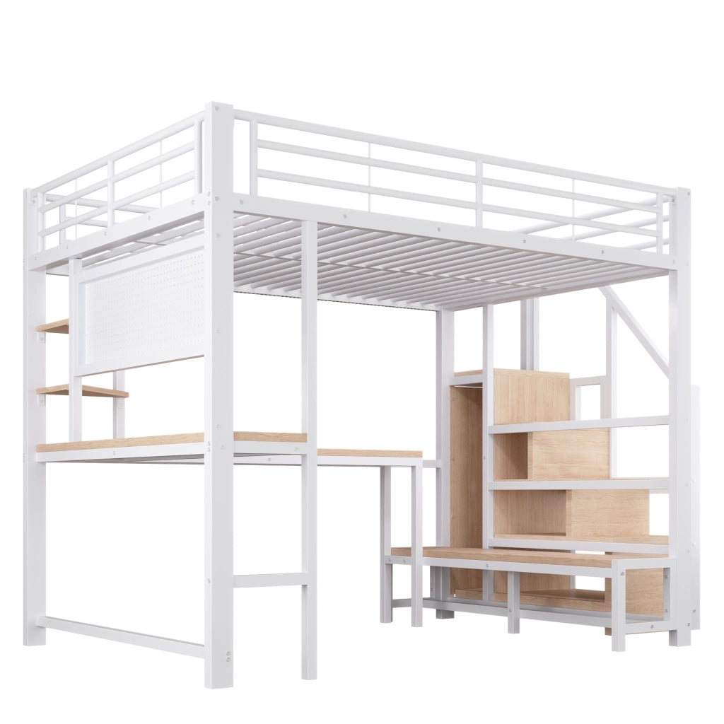 Letto a soppalco matrimoniale 140×200 cm con scrivania; USB e Type-C; LED; ripiani; scala contenitore; senza materasso; bianco