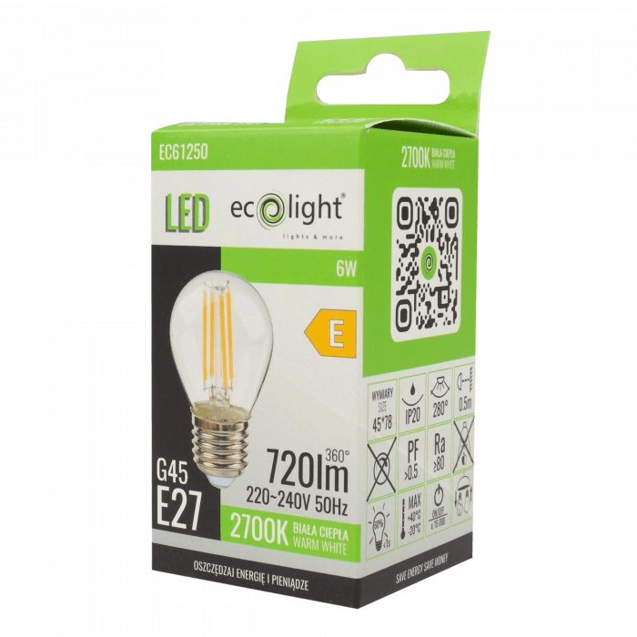 Lampadina LED Filamento G45 E27 6W 2700K 720lm Ecolight