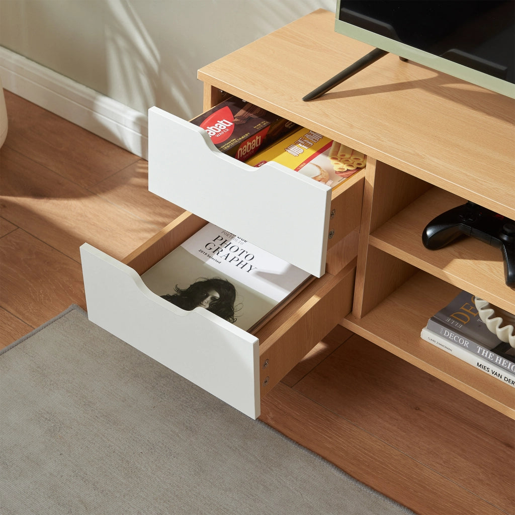 Mobile Porta TV Bordkak con 4 Cassetti a Scomparti Aperti 140 x 30 x 45 cm - Effetto Rovere / Bianco [en.casa]