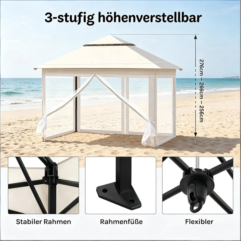 Gazebo Pieghevole da Esterno 3 x 3 m Beige Struttura in Ferro Tessuto Oxford Protezione Ombra Ventilazione