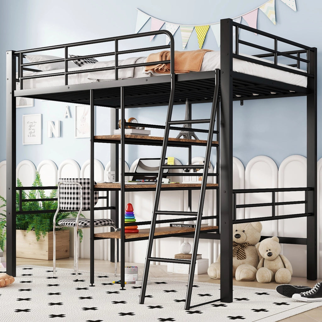 Letto a castello nero in metallo con scrivania e scaffali 90x200 cm