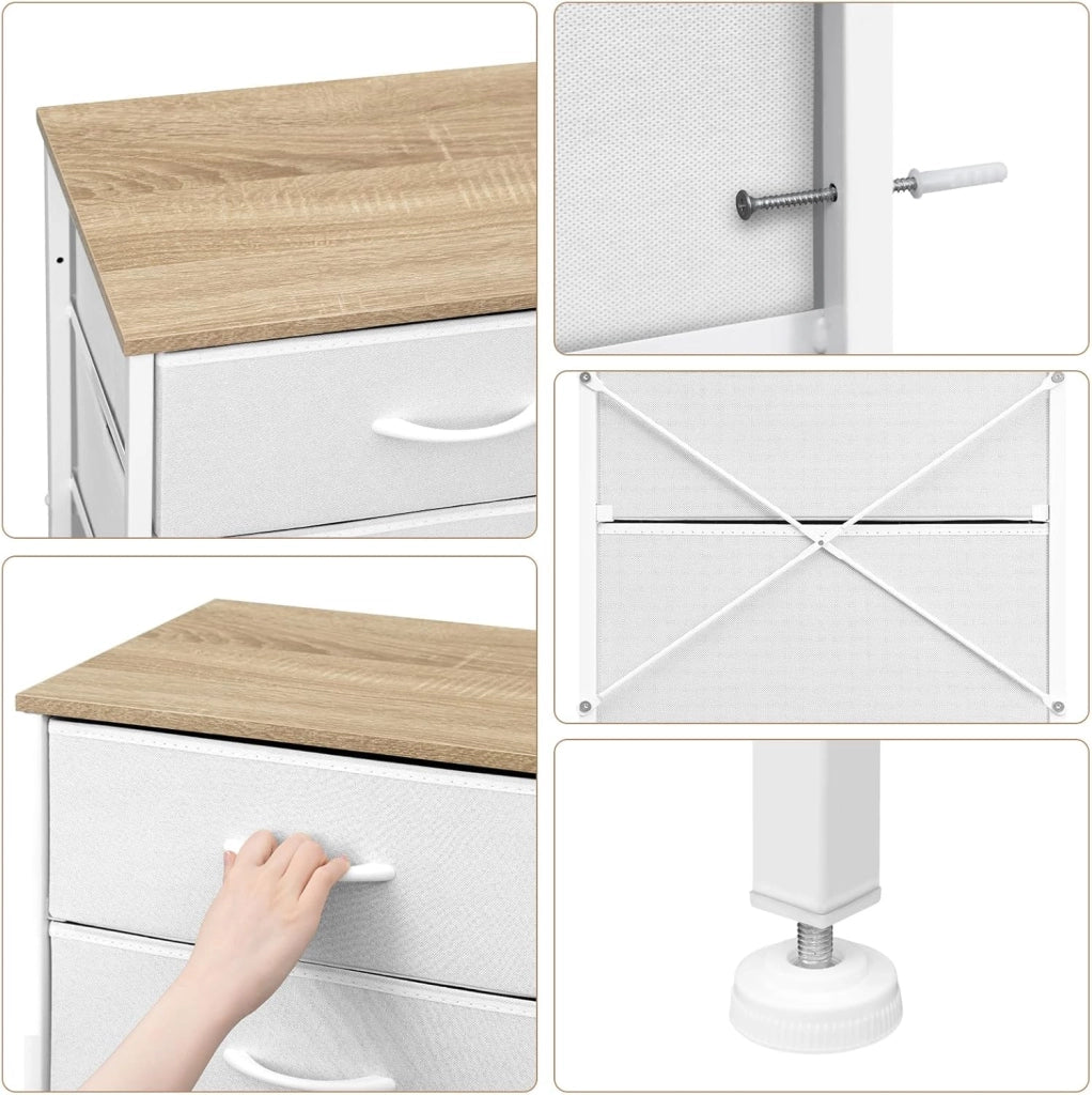 Cassettiera Camera da Letto in Tessuto, Cassettiera a 5 Cassetti, Mobile con Cassetti per Corridoio, Cameretta, Soggiorno, Bianco Nuvola + Beige Rovere