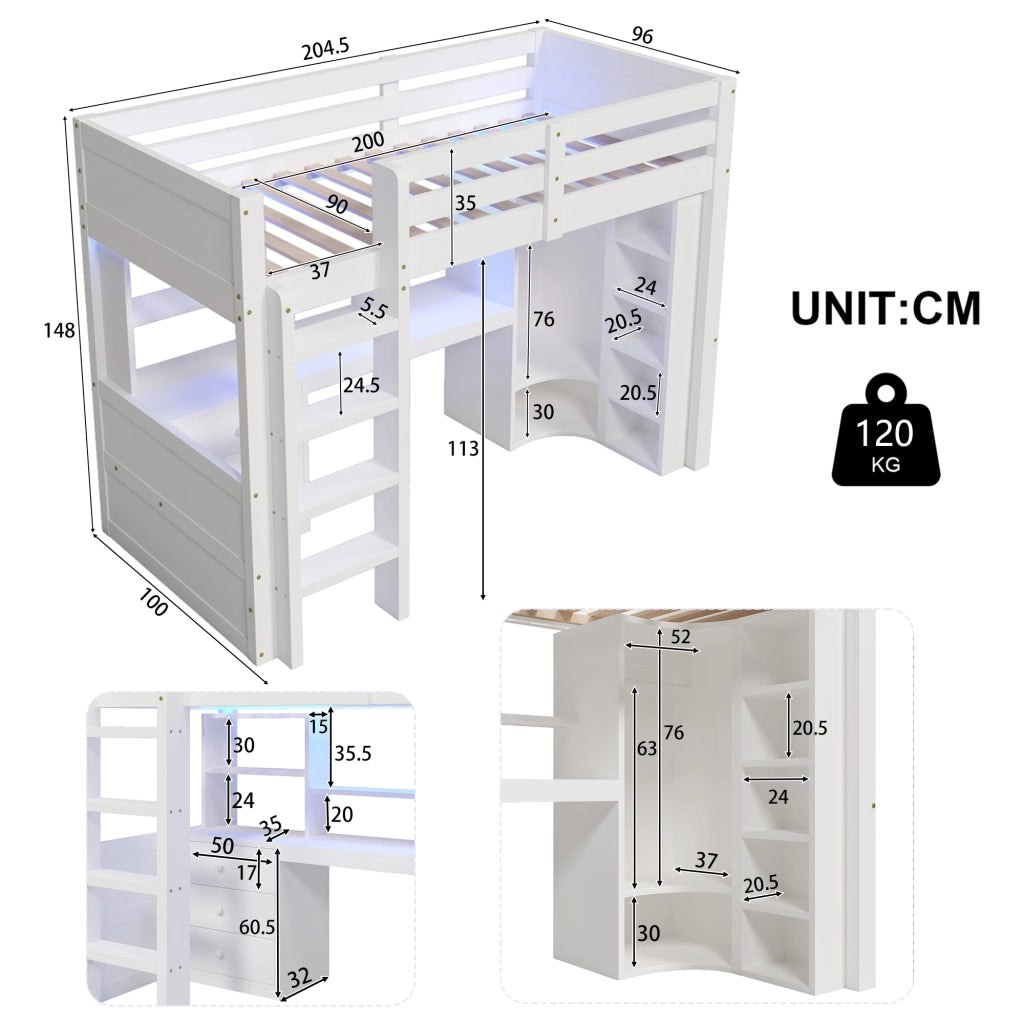 LETTO a soppalco 90x200 cm Legno massello Bianco con LED, scrivania e armadio