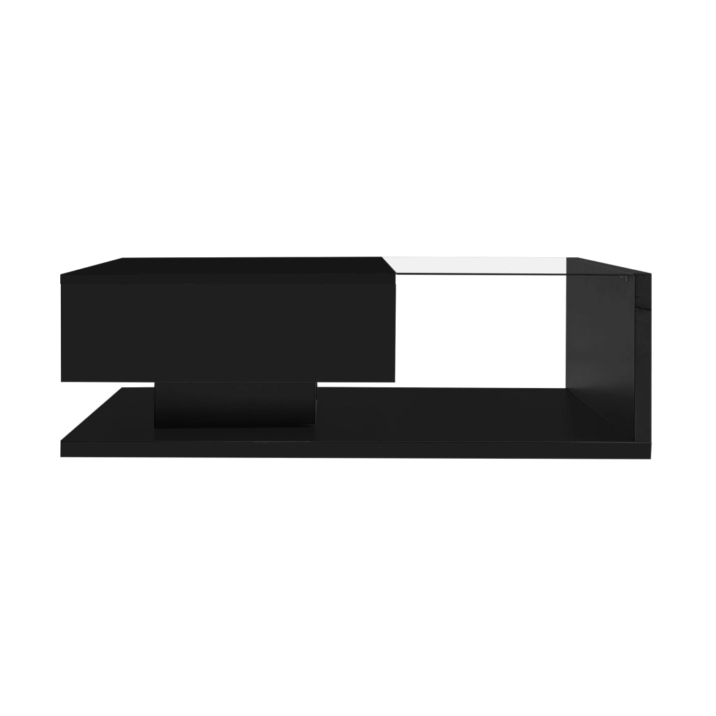 Tavolino da caffè 105x55x32.5 cm; piano in vetro temperato con LED a 16 colori; pannello truciolare nero