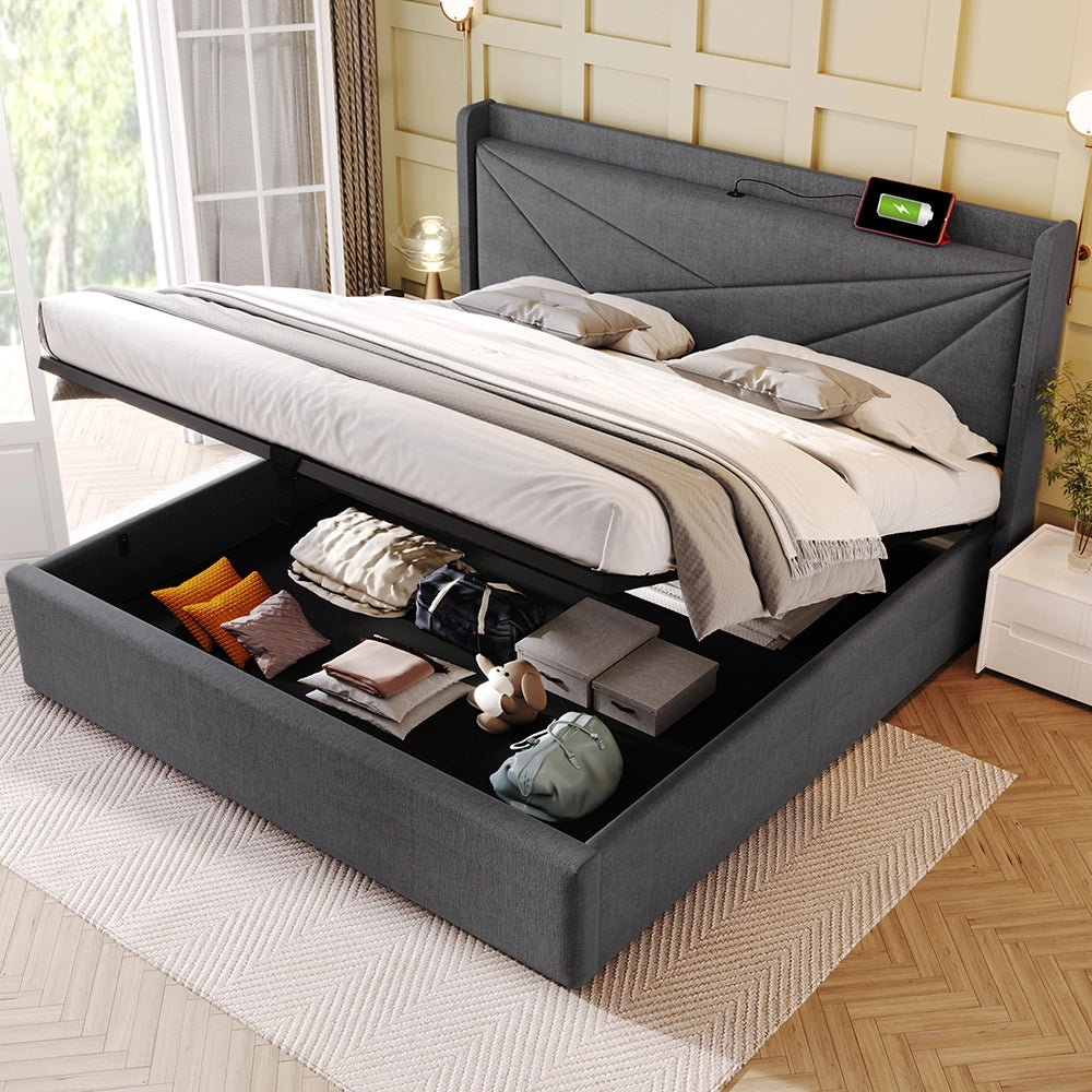 Letto a cassone con testiera USB - Xylo - 180??200 cm - Grigio lino