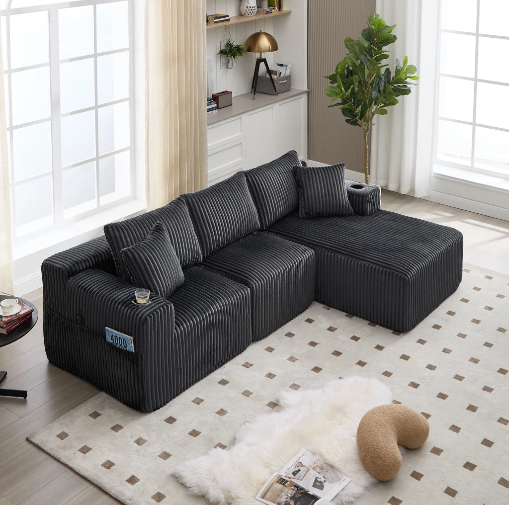 Divano modulare in velluto a coste grigio con chaise longue