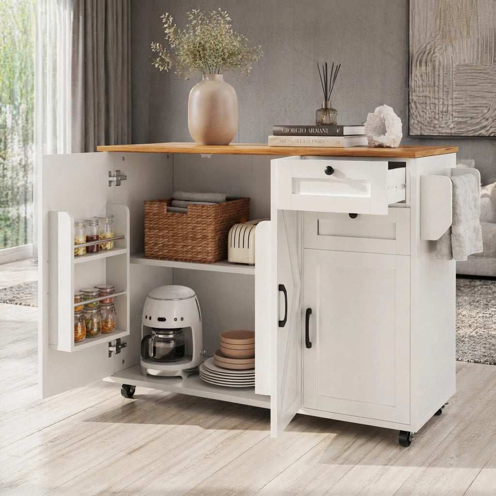 Carrello da cucina pieghevole con tavolo e cassetti bianco