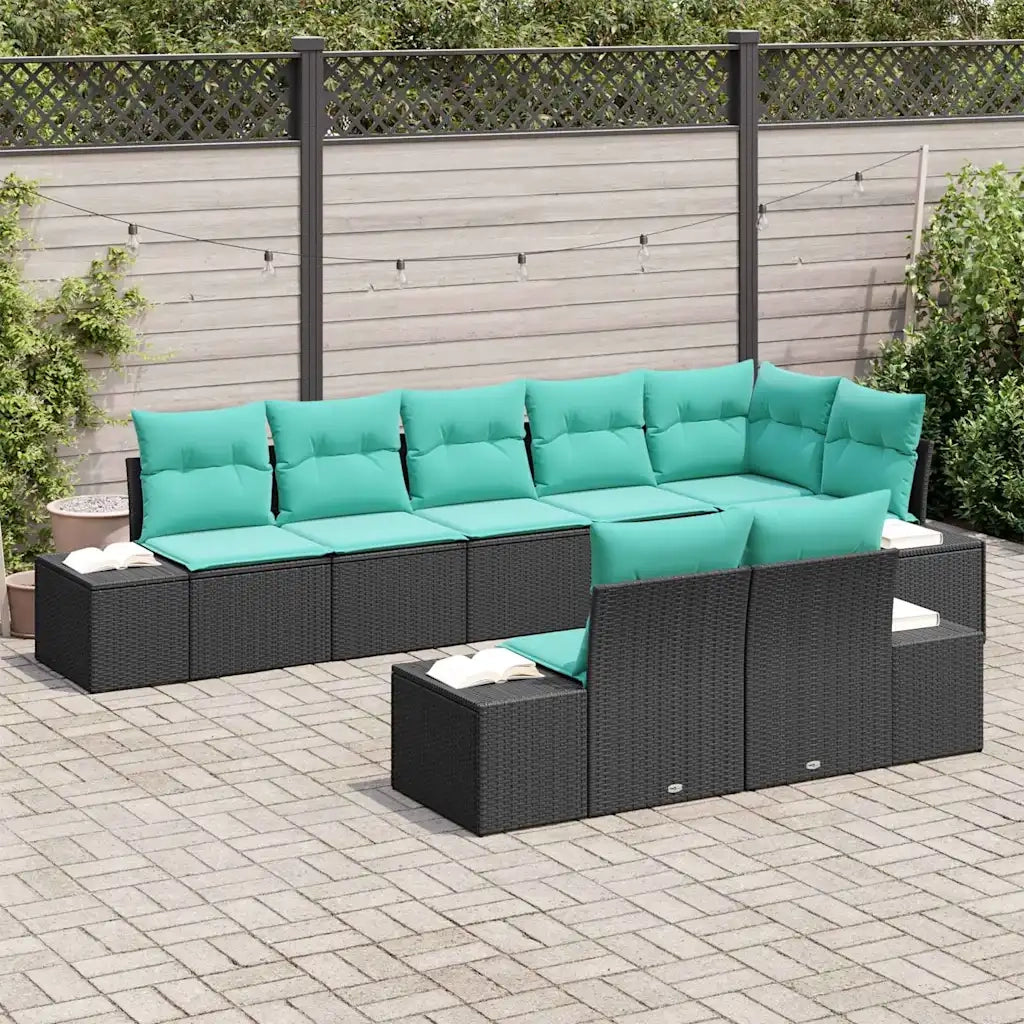 Set Divano da Giardino 8 pz Nero e Turchese Poly Rattan 3355785