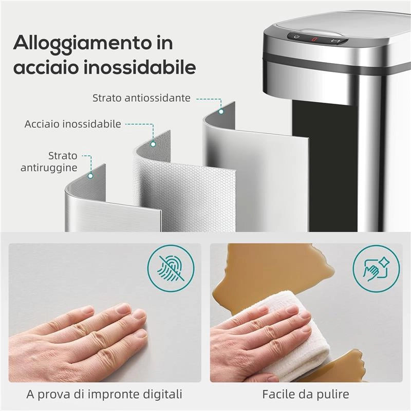 CESTINO RIFIUTI DA 12L A INFRAROSSI CON SECCHIO RIMOVIBILE, IN ACCIAIO INOX, ABS E PP, 28X22X41 CM, ARGENTO
