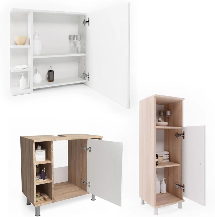 Set mobili bagno Fynn, Sonoma, 60 cm, composto da mobile sottolavabo, specchiera e mobile medio