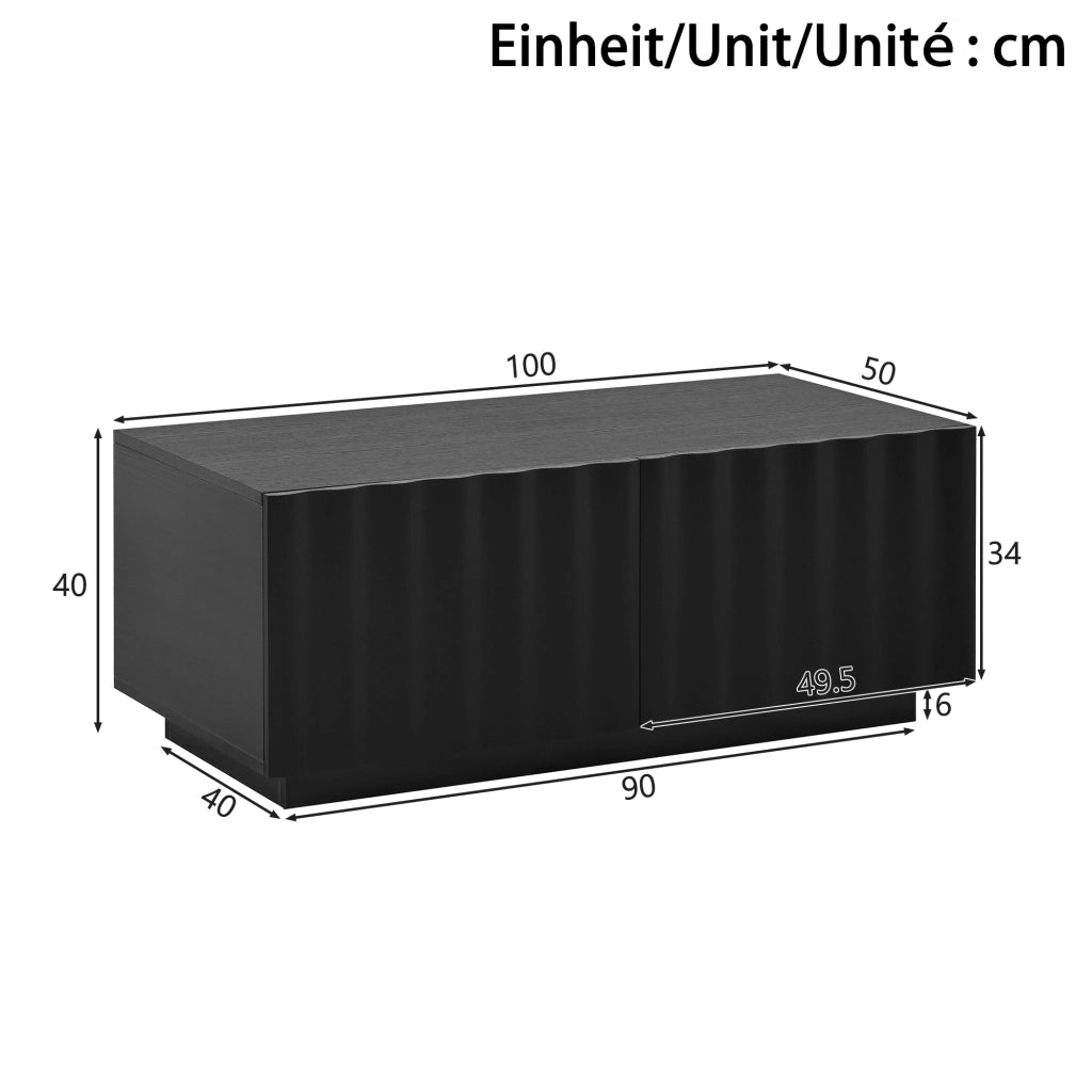 Tavolino basso con 2 cassetti e frontale a onde, per soggiorno, in MDF e pannello truciolare, nero, 100 × 50 × 40 cm