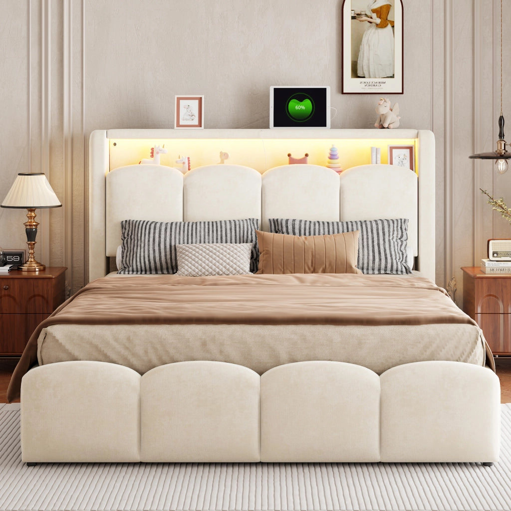 Letto matrimoniale imbottito 140x200 cm con USB; LED e contenitore; beige