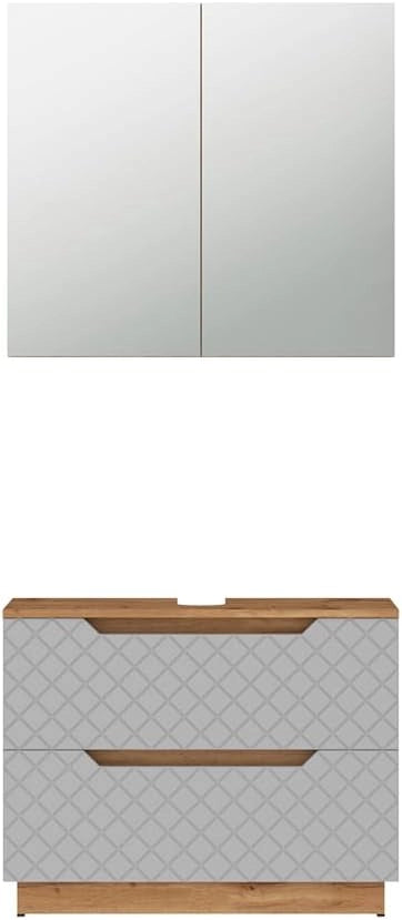 Set di mobili da bagno Lotta, Rovere/grigio con struttura in piastrelle, 2 parti
