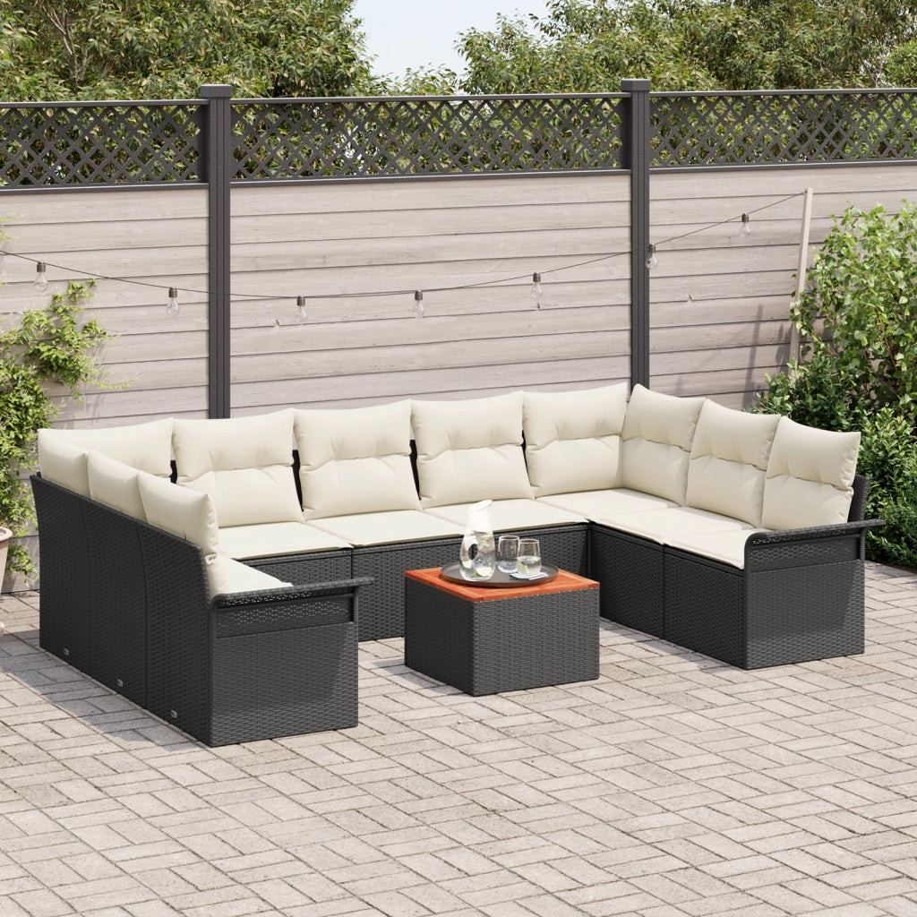 Set Divano da Giardino 10 Pezzi con Cuscini Nero in Polyrattan e Acacia
