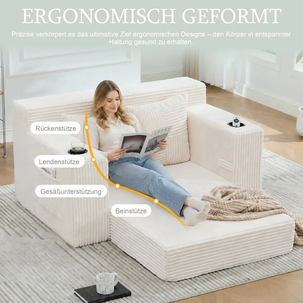 Pouf sofa in velluto a coste beige con 2 cuscini e tasche laterali; 151x133x64 cm