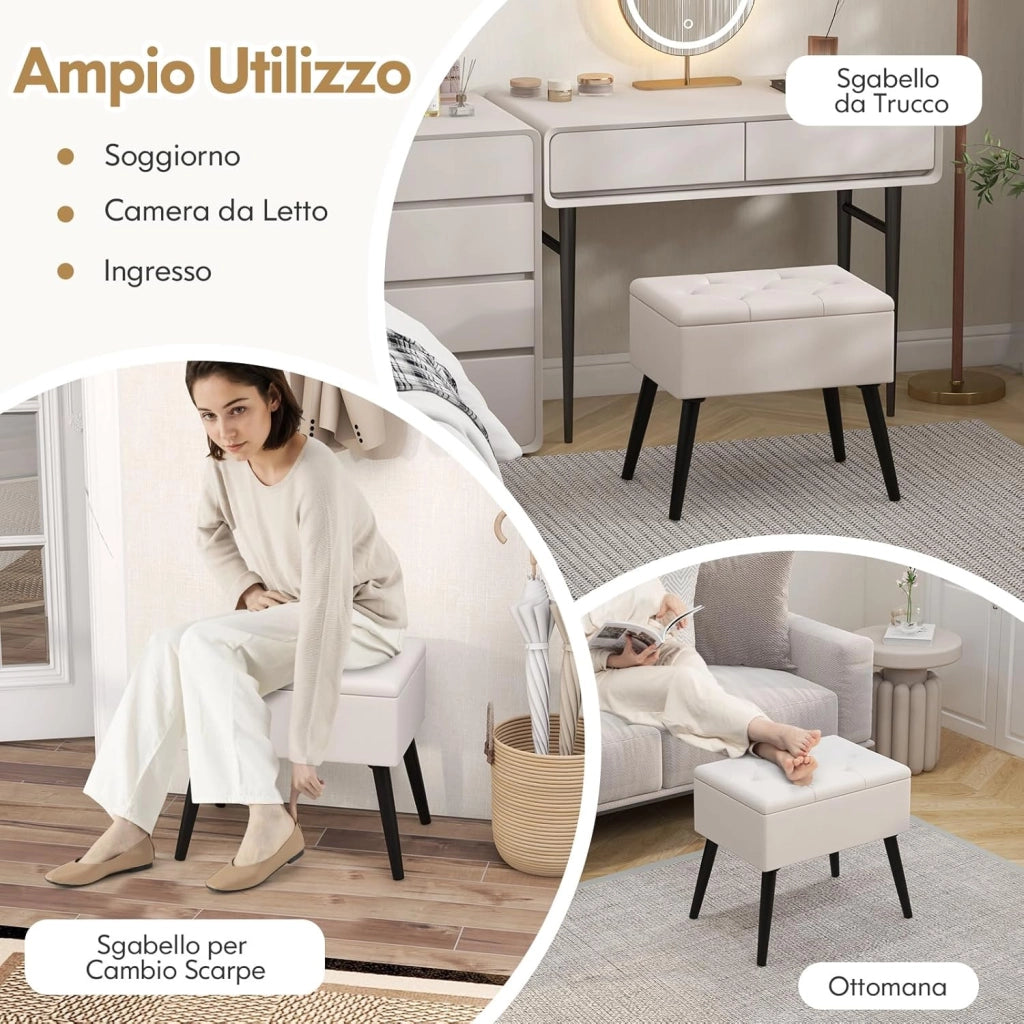 Sgabello Contenitore, Pouf Sgabello Ottoman, Poggiapiedi Moderno da Trucco, con Gambe in Legno Massello & Seduta Imbottita, Portata 150 kg, 49,5 x 35 x 46,5 cm (Beige)