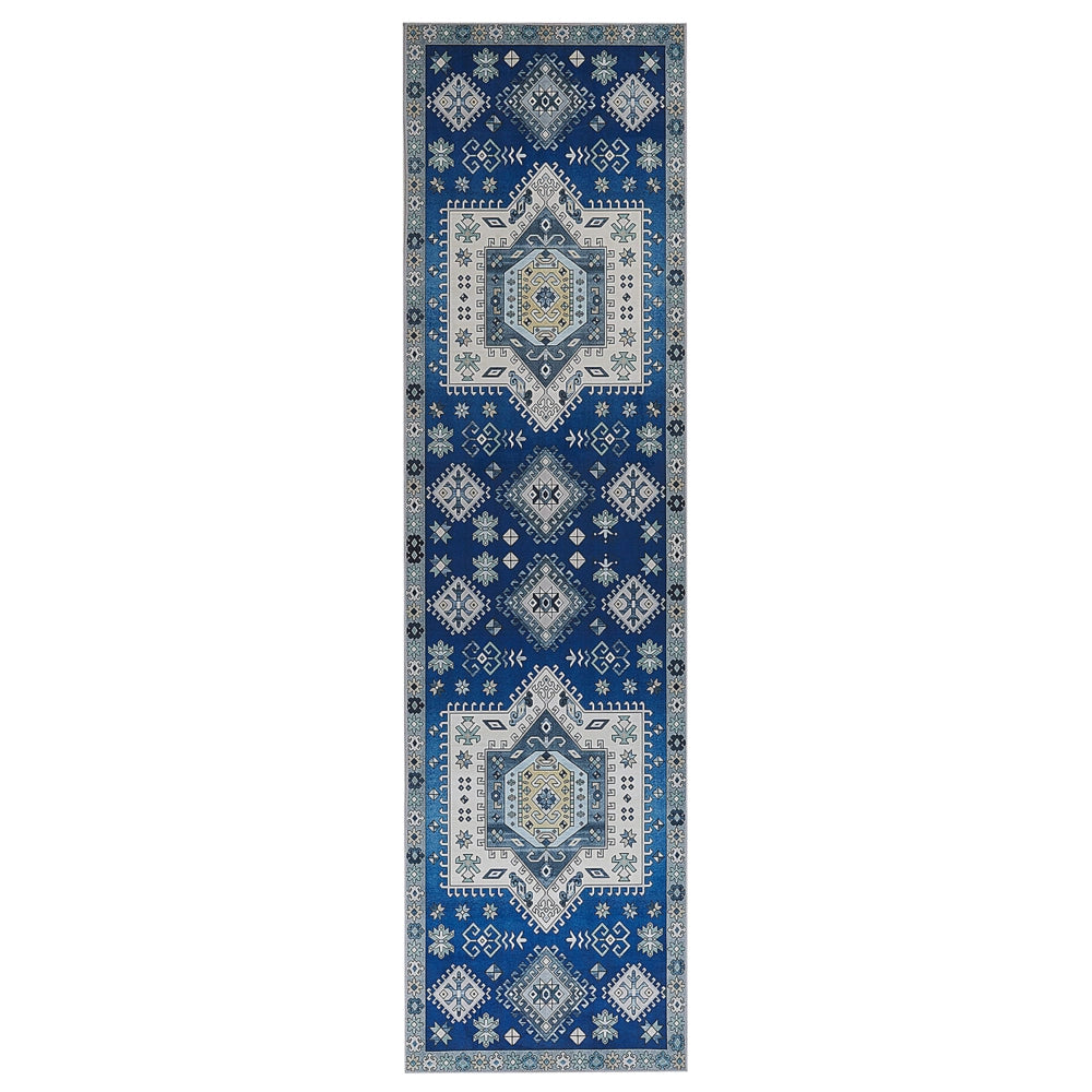 Tappeto passatoia blu poliestere 80 x 300 cm motivo geometrico fondo antiscivolo corridoio moderno