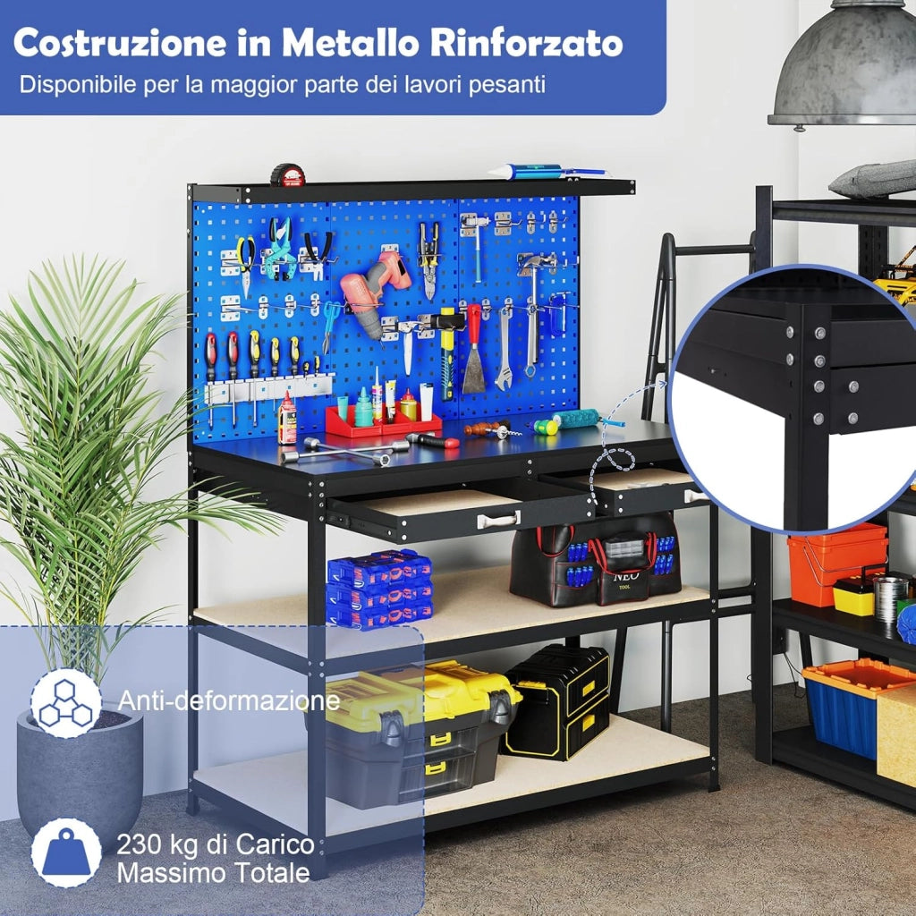 Banco da Lavoro con Piano da 120 x 60 cm, Banco da Lavoro Officina con Pannello Forato e 24 Ganci Porta Attrezzi, Tavolo da Lavoro per Garage con 2 Cassetti e 2 Mensole (Blu)