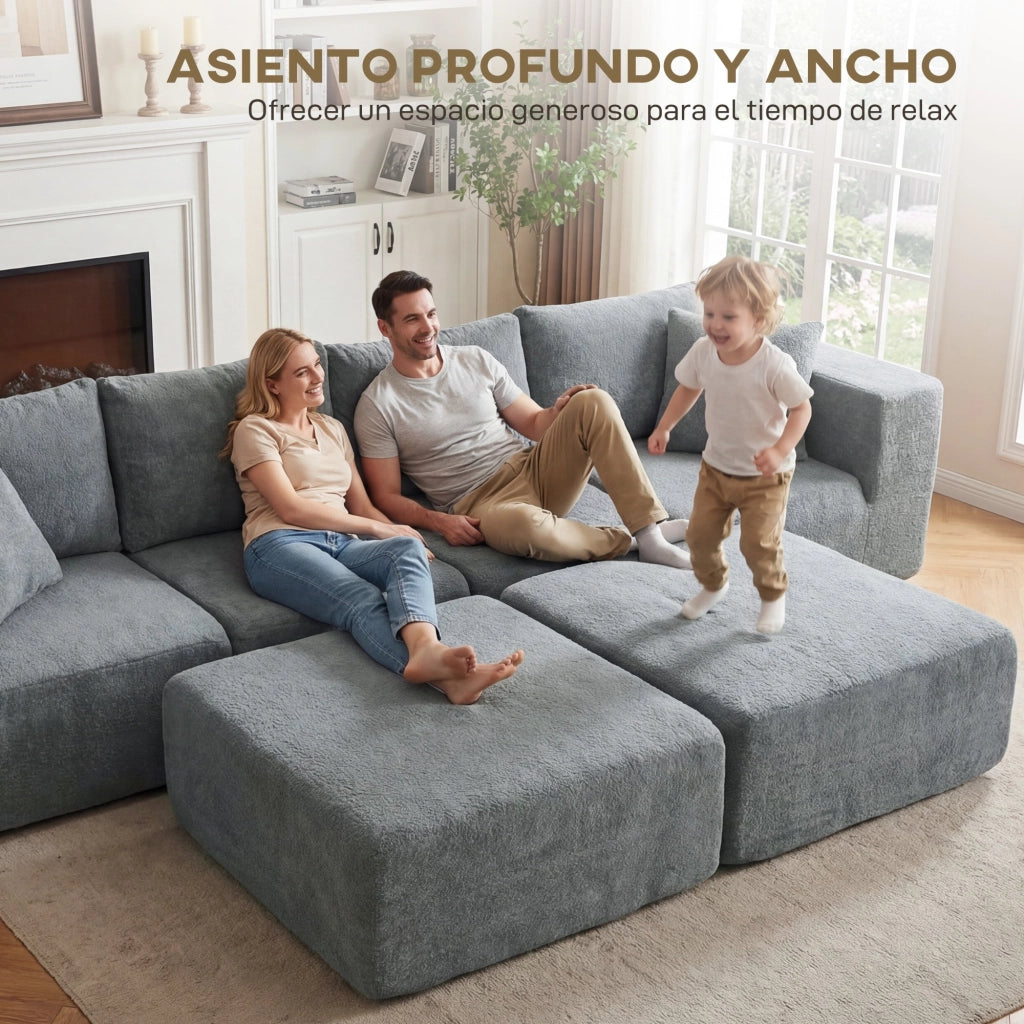 Divano angolare modulare a U ¨C Zephmum ¨C Tessuto grigio scuro con 2 sgabelli e 2 cuscini