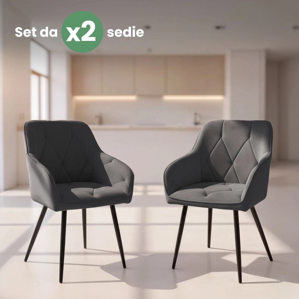 Set di 2 Sedie in velluto trapuntato DIAMANTE Grafite gambe nere