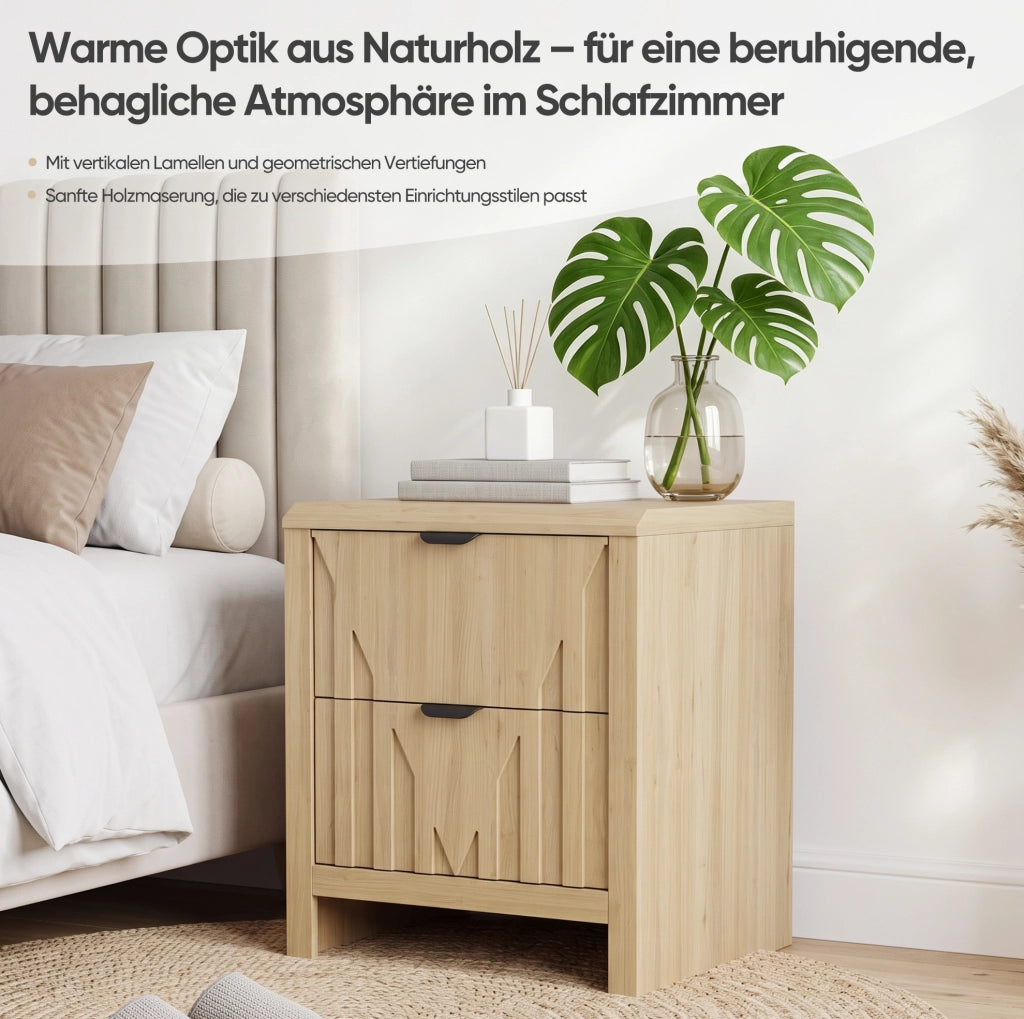Comodino in MDF e pannello truciolare effetto rovere con cassetto