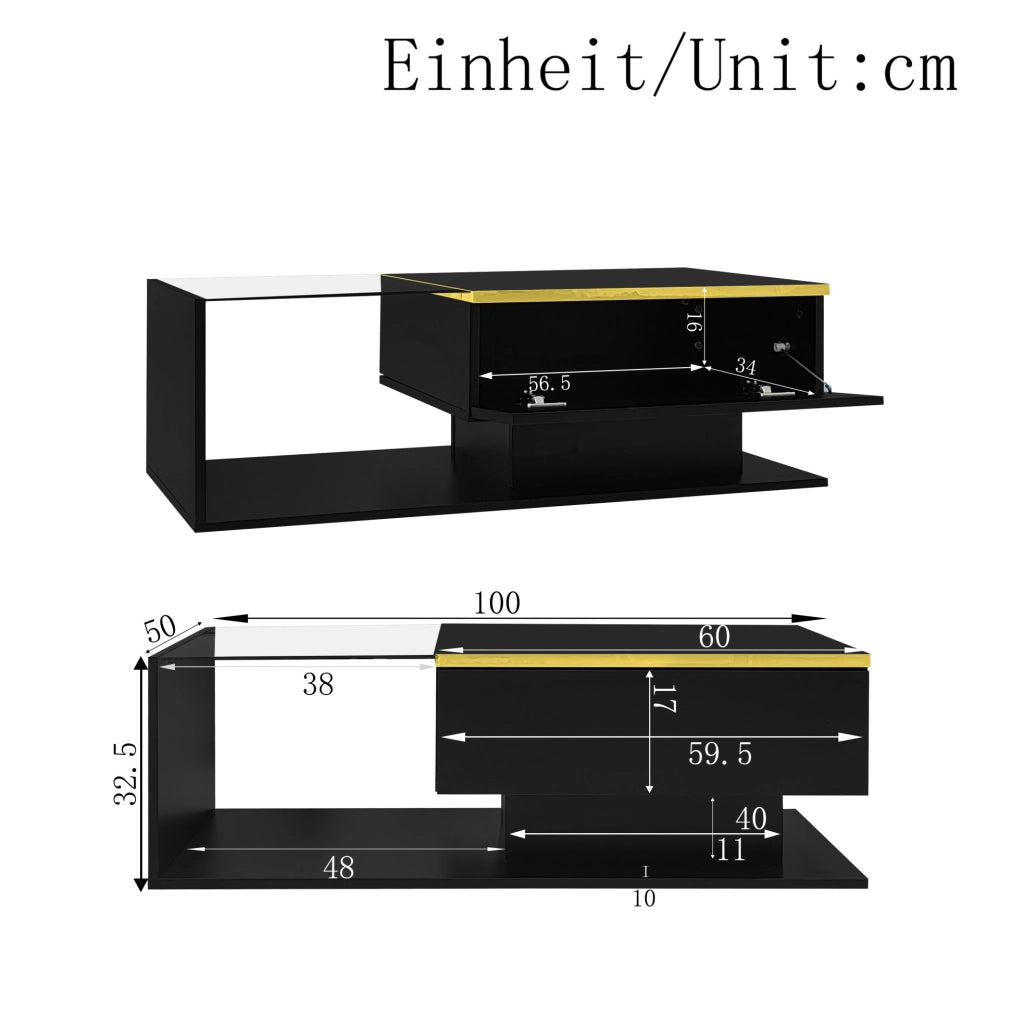 Tavolino da caffè nero lucido 100 x 50 cm con vetro e LED multicolore