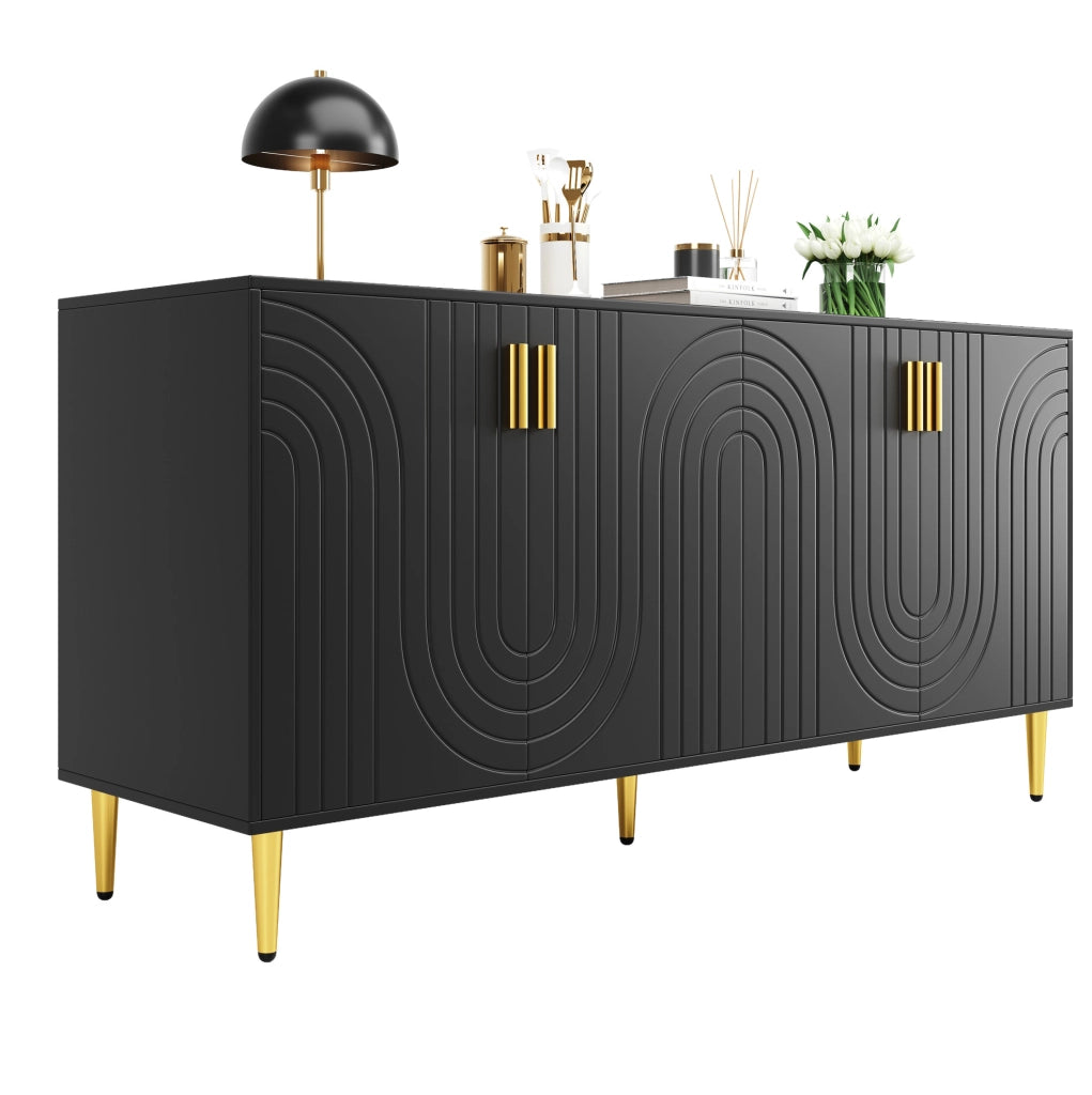 Madia 152x40 cm; design ondulato con dettagli dorati; MDF; nero